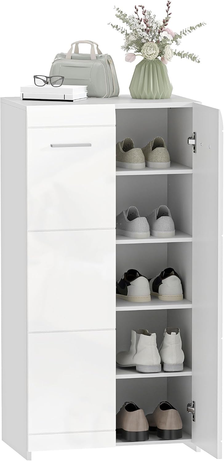 HOMCOM Schuhschrank, Schuhaufbewahrung mit 2 Türen, 5 Ebenen, Flurschrank mit Verstellbaren Ablagen Schuhkommode für 10 Paar Flur, Eingangsbereich 55 x 36 x 108cm, Hochglanz Weiß