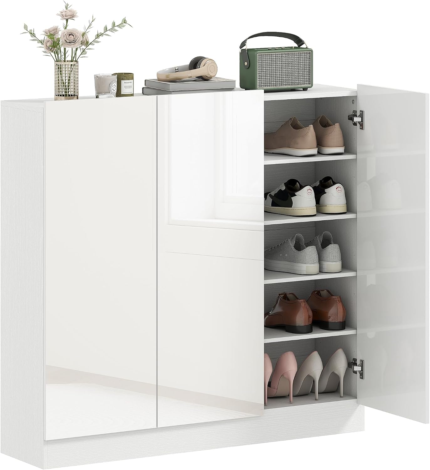 HOMCOM Schuhschrank, Schuhregal mit Verstellbaren Ablagen, Belüftungslöchern, Hochglanztüren, Schuhaufbewahrung mit Soft-Close-Funktion, Schuhkommode für 25–30 Paar 106,4x34x108,5cm, Weiß