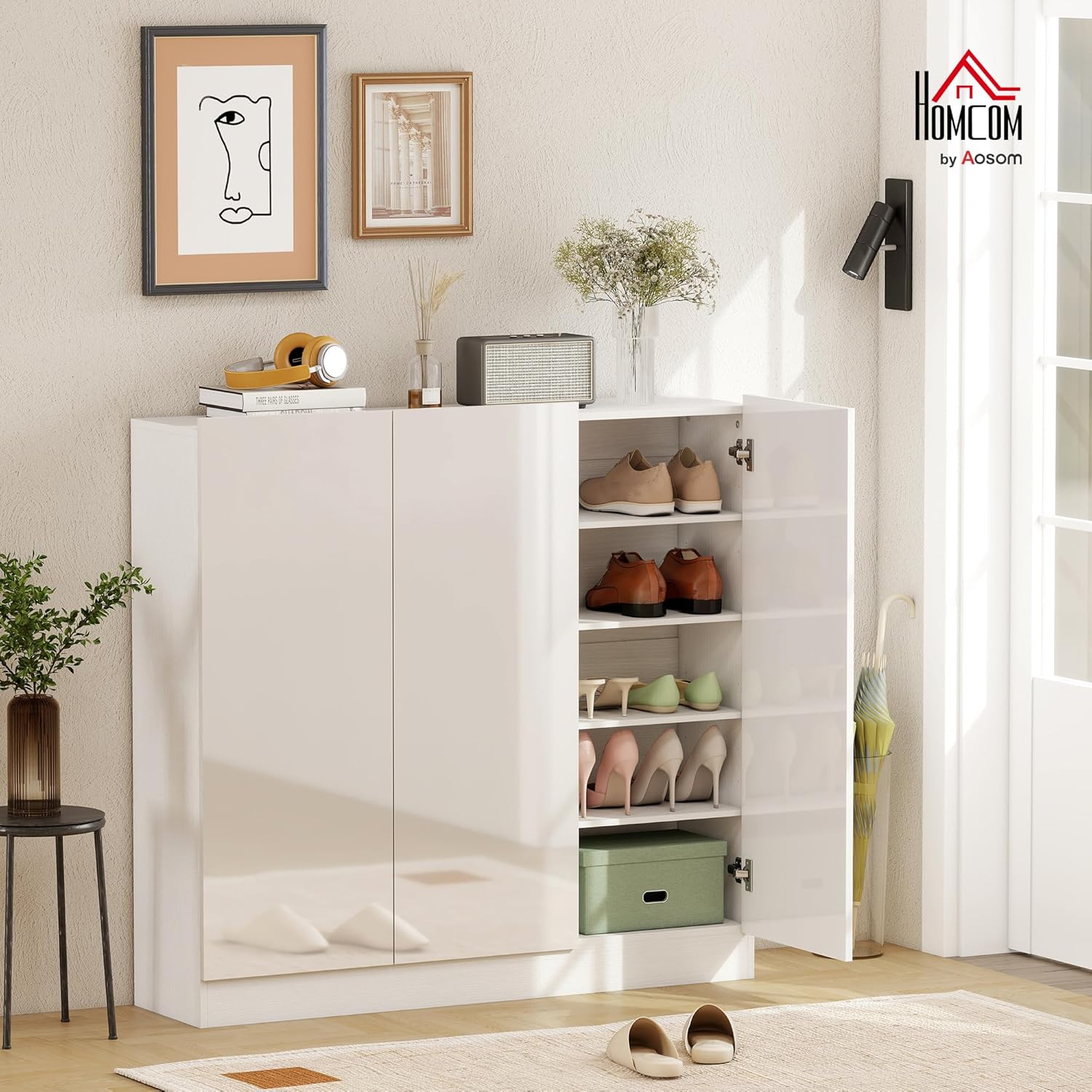 HOMCOM Schuhschrank, Schuhregal mit Verstellbaren Ablagen, Belüftungslöchern, Hochglanztüren, Schuhaufbewahrung mit Soft-Close-Funktion, Schuhkommode für 25–30 Paar 106,4x34x108,5cm, Weiß — Ansicht 2