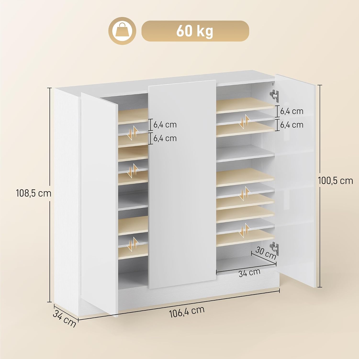 HOMCOM Schuhschrank, Schuhregal mit Verstellbaren Ablagen, Belüftungslöchern, Hochglanztüren, Schuhaufbewahrung mit Soft-Close-Funktion, Schuhkommode für 25–30 Paar 106,4x34x108,5cm, Weiß — Ansicht 3