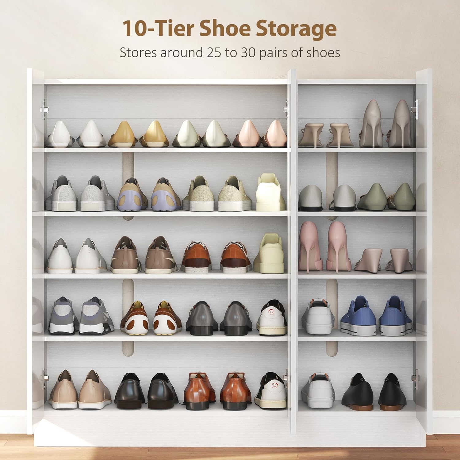 HOMCOM Schuhschrank, Schuhregal mit Verstellbaren Ablagen, Belüftungslöchern, Hochglanztüren, Schuhaufbewahrung mit Soft-Close-Funktion, Schuhkommode für 25–30 Paar 106,4x34x108,5cm, Weiß — Ansicht 4