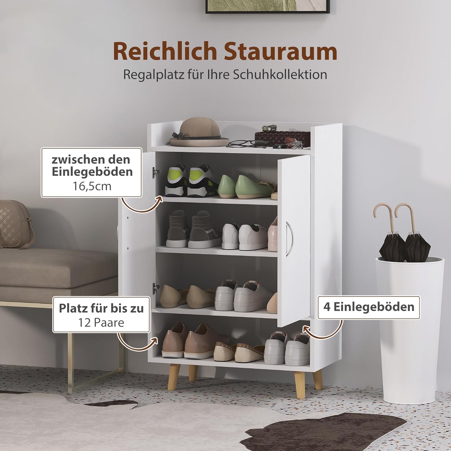 HOMCOM Schuhschrank Schuhregal Schmal mit 4 Fächern Schuhaufbewahrung für 12 Paar Schuhe, Flur und Eingangsbereich 60 x 30 x 92 cm, Weiß — Ansicht 4