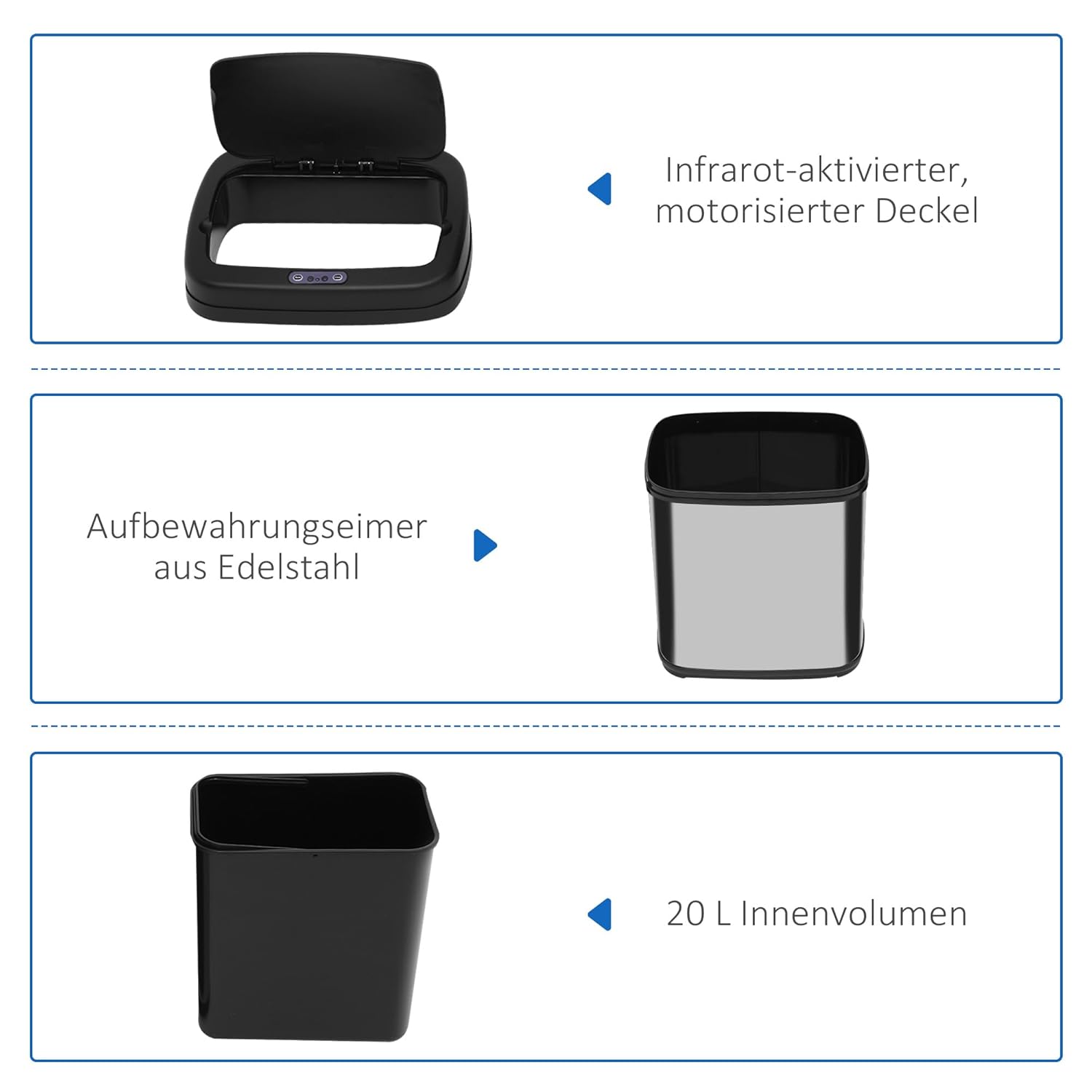 HOMCOM Sensor Mülleimer 20L Edelstahl Automatischer Mülleimer mit Bewegungssensor, Abfalleimer mit Inneneimer Müllbehälter Abfallbehälter für Büro, Schlafzimmer, Küchen Silber+Schwarz — Ansicht 3