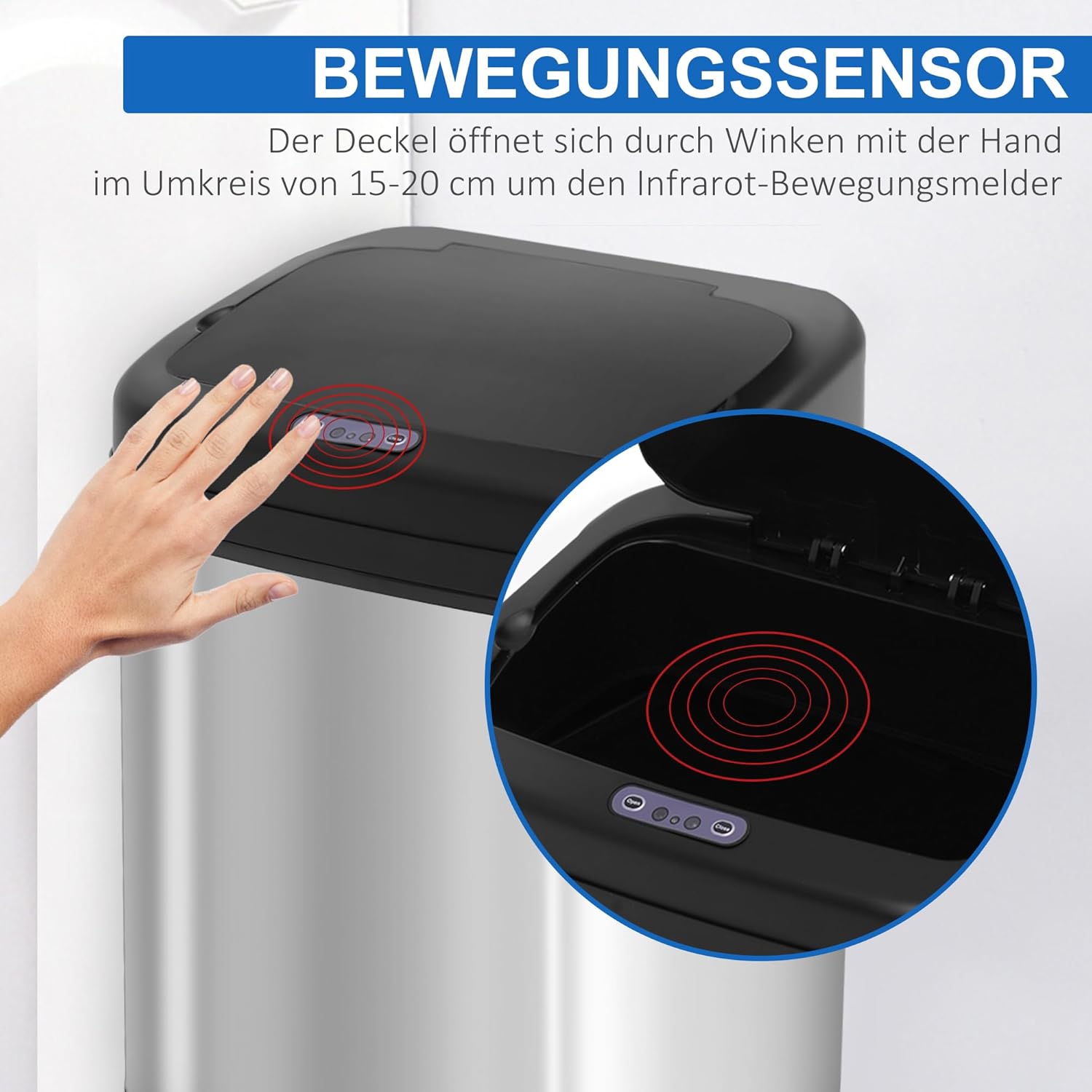 HOMCOM Sensor Mülleimer 20L Edelstahl Automatischer Mülleimer mit Bewegungssensor, Abfalleimer mit Inneneimer Müllbehälter Abfallbehälter für Büro, Schlafzimmer, Küchen Silber+Schwarz — Ansicht 4