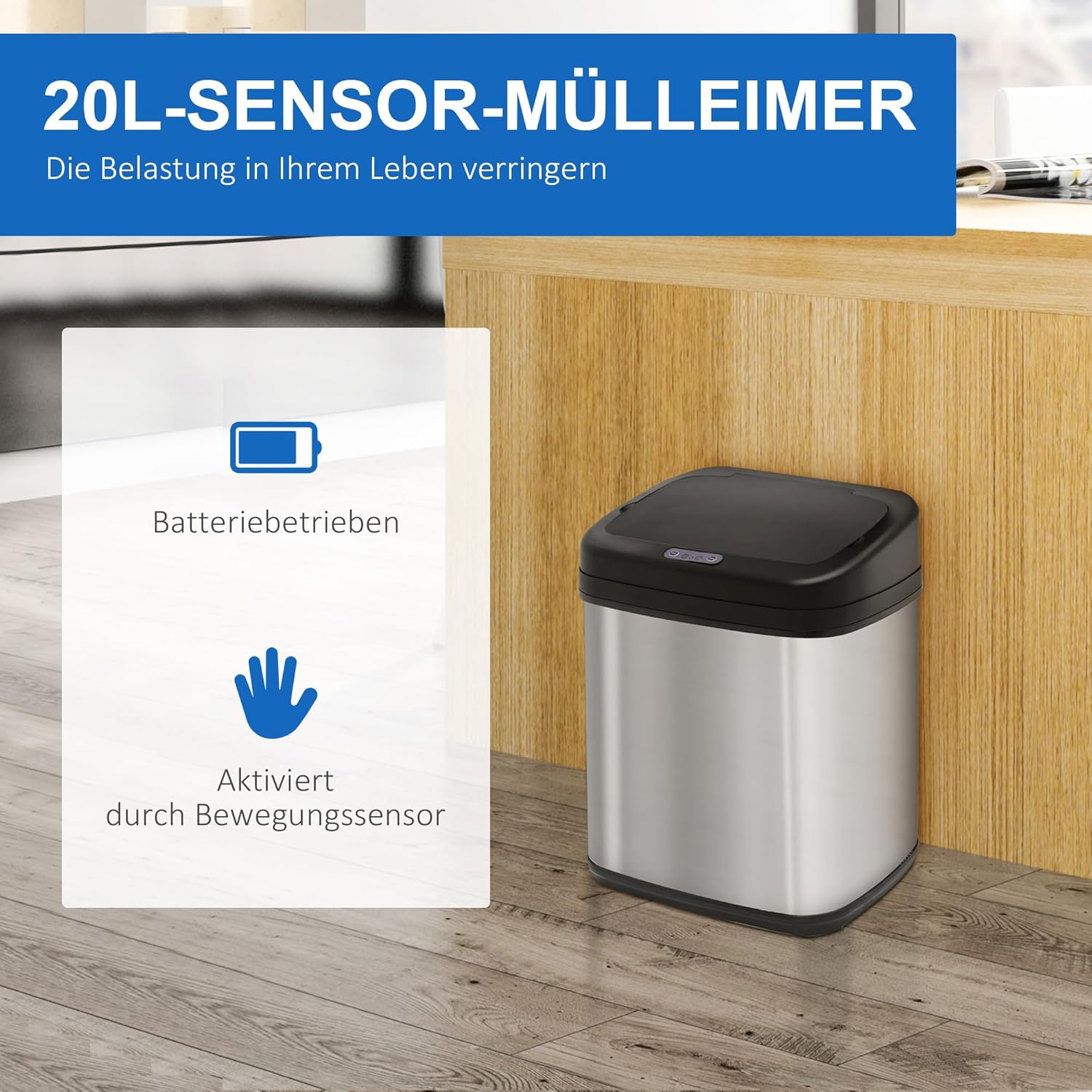 HOMCOM Sensor Mülleimer 20L Edelstahl Automatischer Mülleimer mit Bewegungssensor, Abfalleimer mit Inneneimer Müllbehälter Abfallbehälter für Büro, Schlafzimmer, Küchen Silber+Schwarz — Ansicht 5