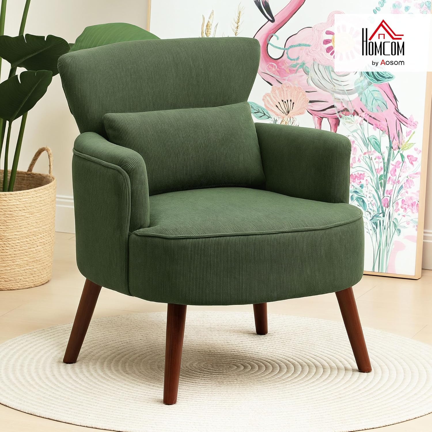 HOMCOM Sessel Loungesessel mit Armlehnen, Polstersessel mit Kissen Armlehnensessel mit Kordoptik, Holzbeine Lesesessel für Wohnzimmer, Schlafzimmer, Grün — Ansicht 2