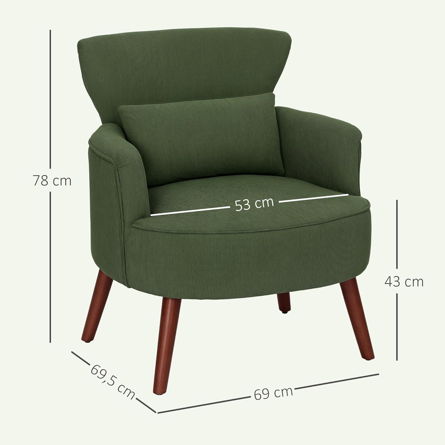 HOMCOM Sessel Loungesessel mit Armlehnen, Polstersessel mit Kissen Armlehnensessel mit Kordoptik, Holzbeine Lesesessel für Wohnzimmer, Schlafzimmer, Grün — Ansicht 3