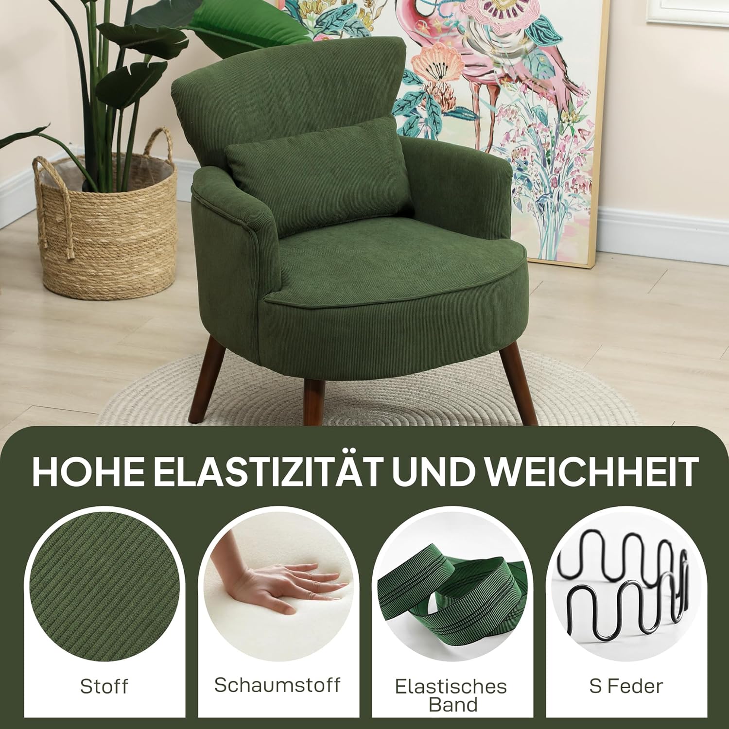HOMCOM Sessel Loungesessel mit Armlehnen, Polstersessel mit Kissen Armlehnensessel mit Kordoptik, Holzbeine Lesesessel für Wohnzimmer, Schlafzimmer, Grün — Ansicht 4