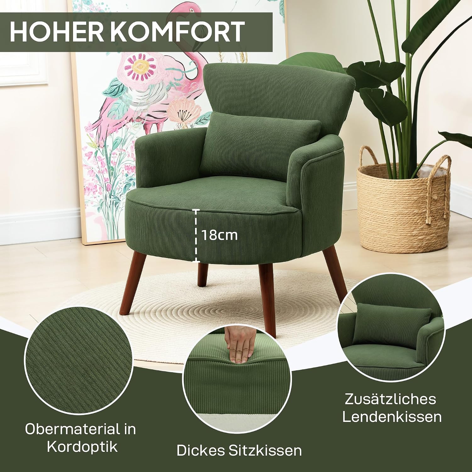 HOMCOM Sessel Loungesessel mit Armlehnen, Polstersessel mit Kissen Armlehnensessel mit Kordoptik, Holzbeine Lesesessel für Wohnzimmer, Schlafzimmer, Grün — Ansicht 5