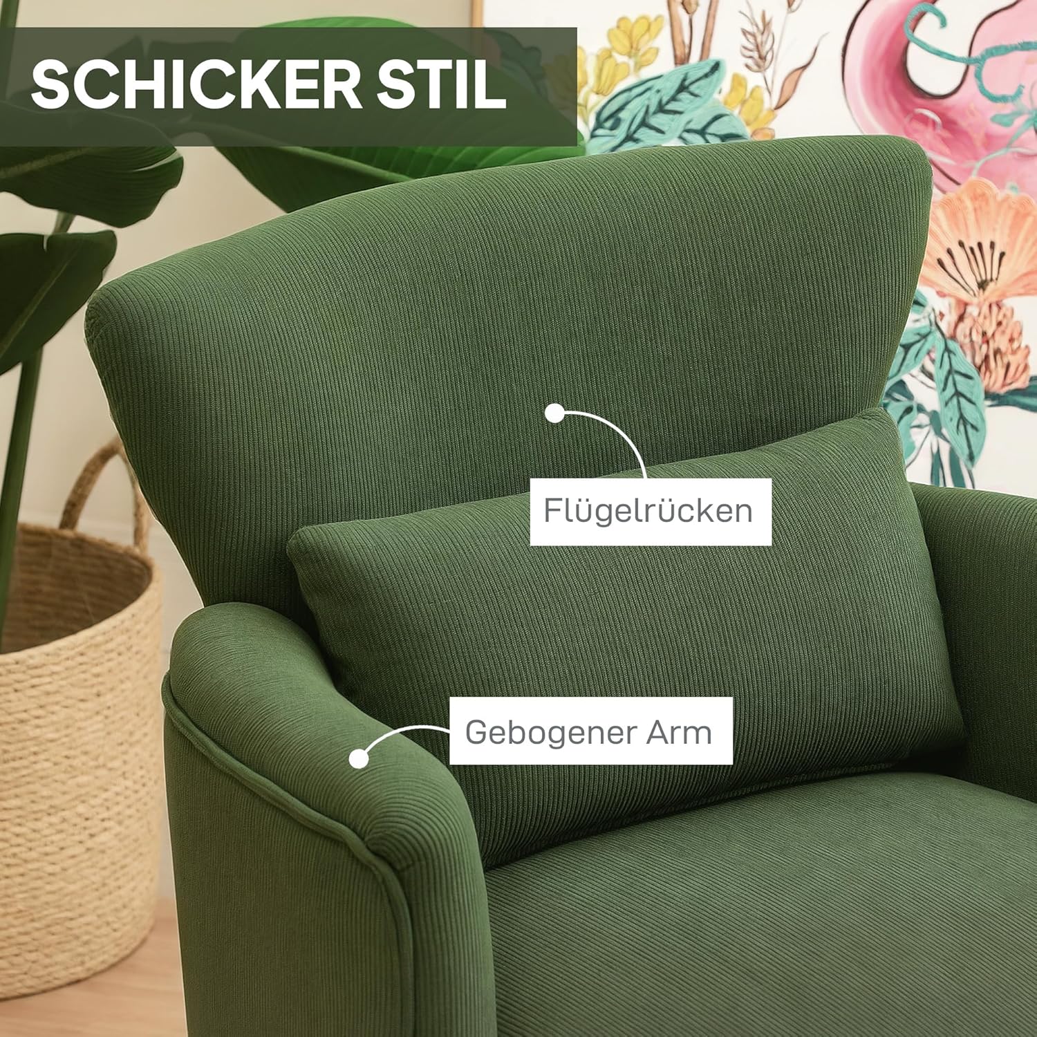 HOMCOM Sessel Loungesessel mit Armlehnen, Polstersessel mit Kissen Armlehnensessel mit Kordoptik, Holzbeine Lesesessel für Wohnzimmer, Schlafzimmer, Grün — Ansicht 6