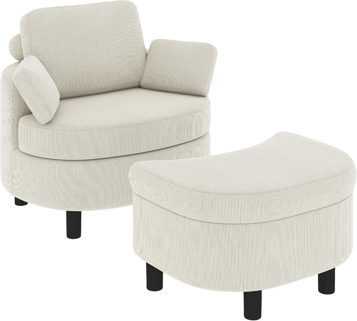 HOMCOM Sessel Loungesessel mit Aufbewahrungshocker, Verstellbare Kopfstütze, Polstersessel mit Kissen, Breiter Sitzfläche, Bequem Relaxsessel aus Cord-Optik für Wohnzimmer, Schlafzimmer, Cremeweiß
