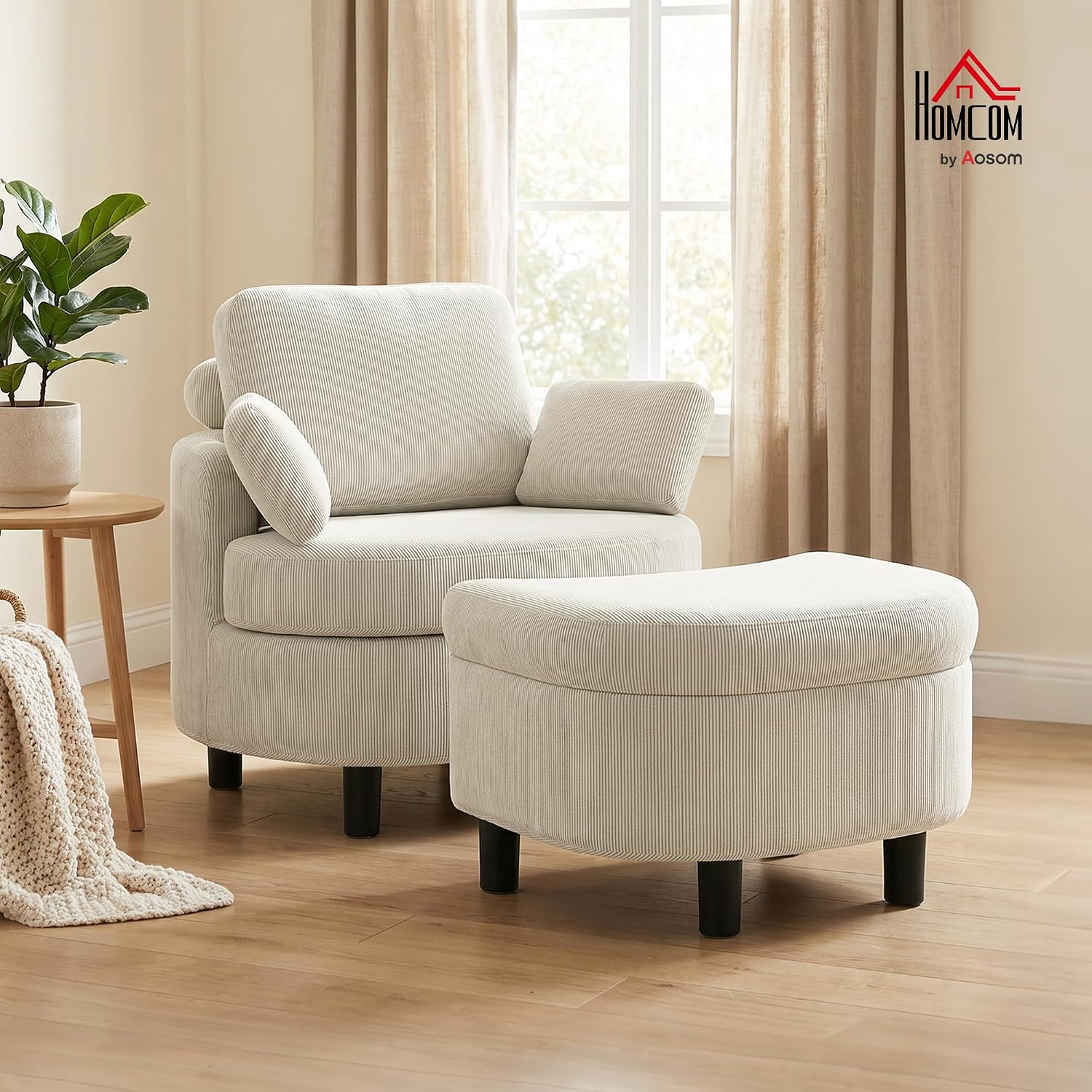 HOMCOM Sessel Loungesessel mit Aufbewahrungshocker, Verstellbare Kopfstütze, Polstersessel mit Kissen, Breiter Sitzfläche, Bequem Relaxsessel aus Cord-Optik für Wohnzimmer, Schlafzimmer, Cremeweiß — Ansicht 2