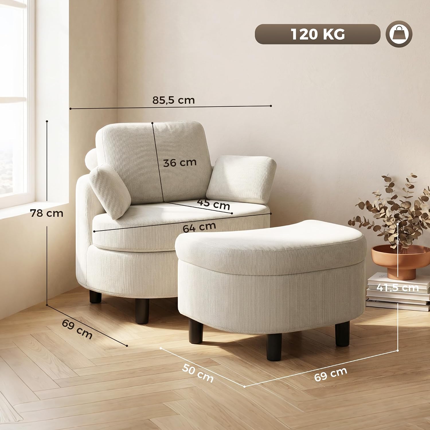 HOMCOM Sessel Loungesessel mit Aufbewahrungshocker, Verstellbare Kopfstütze, Polstersessel mit Kissen, Breiter Sitzfläche, Bequem Relaxsessel aus Cord-Optik für Wohnzimmer, Schlafzimmer, Cremeweiß — Ansicht 3