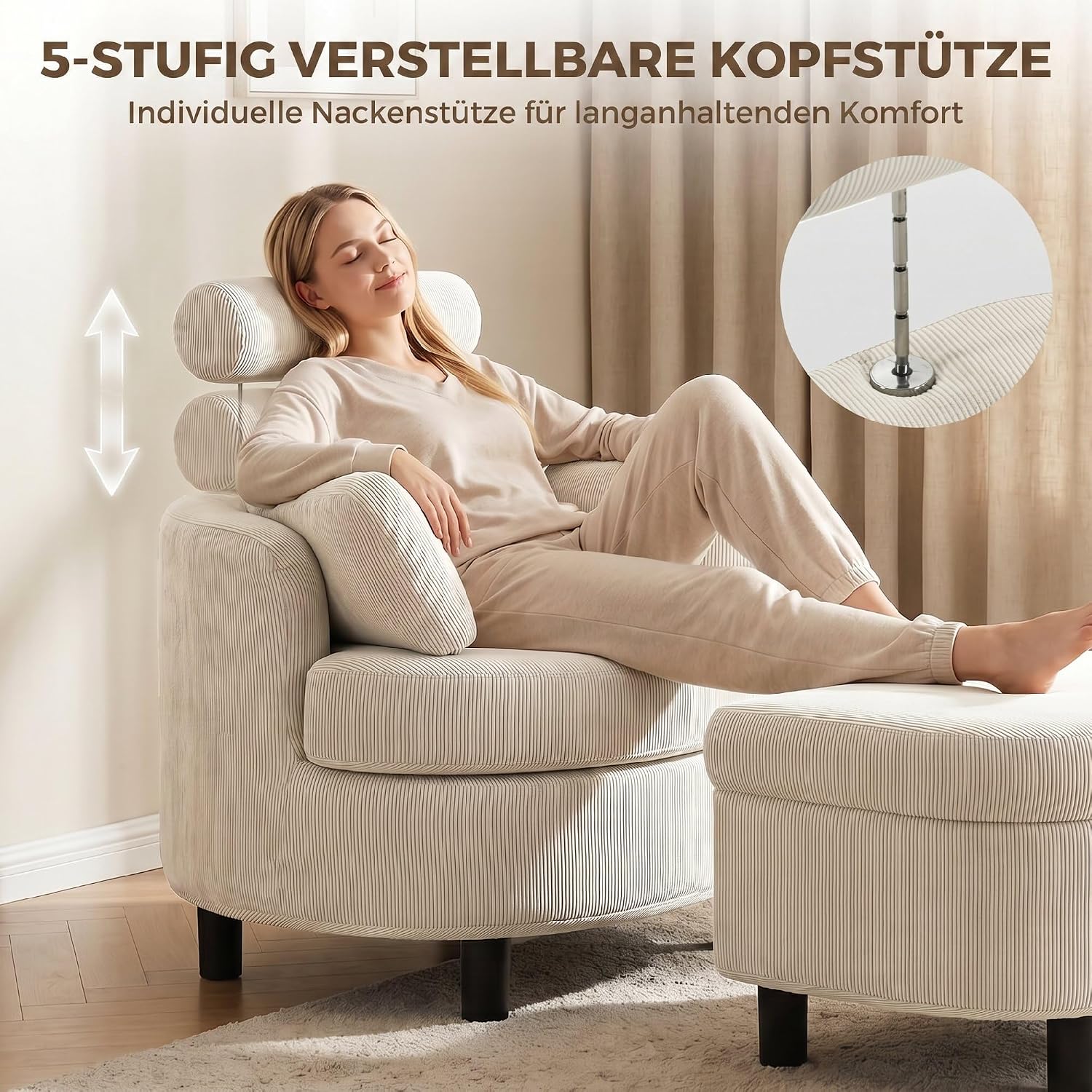 HOMCOM Sessel Loungesessel mit Aufbewahrungshocker, Verstellbare Kopfstütze, Polstersessel mit Kissen, Breiter Sitzfläche, Bequem Relaxsessel aus Cord-Optik für Wohnzimmer, Schlafzimmer, Cremeweiß — Ansicht 4