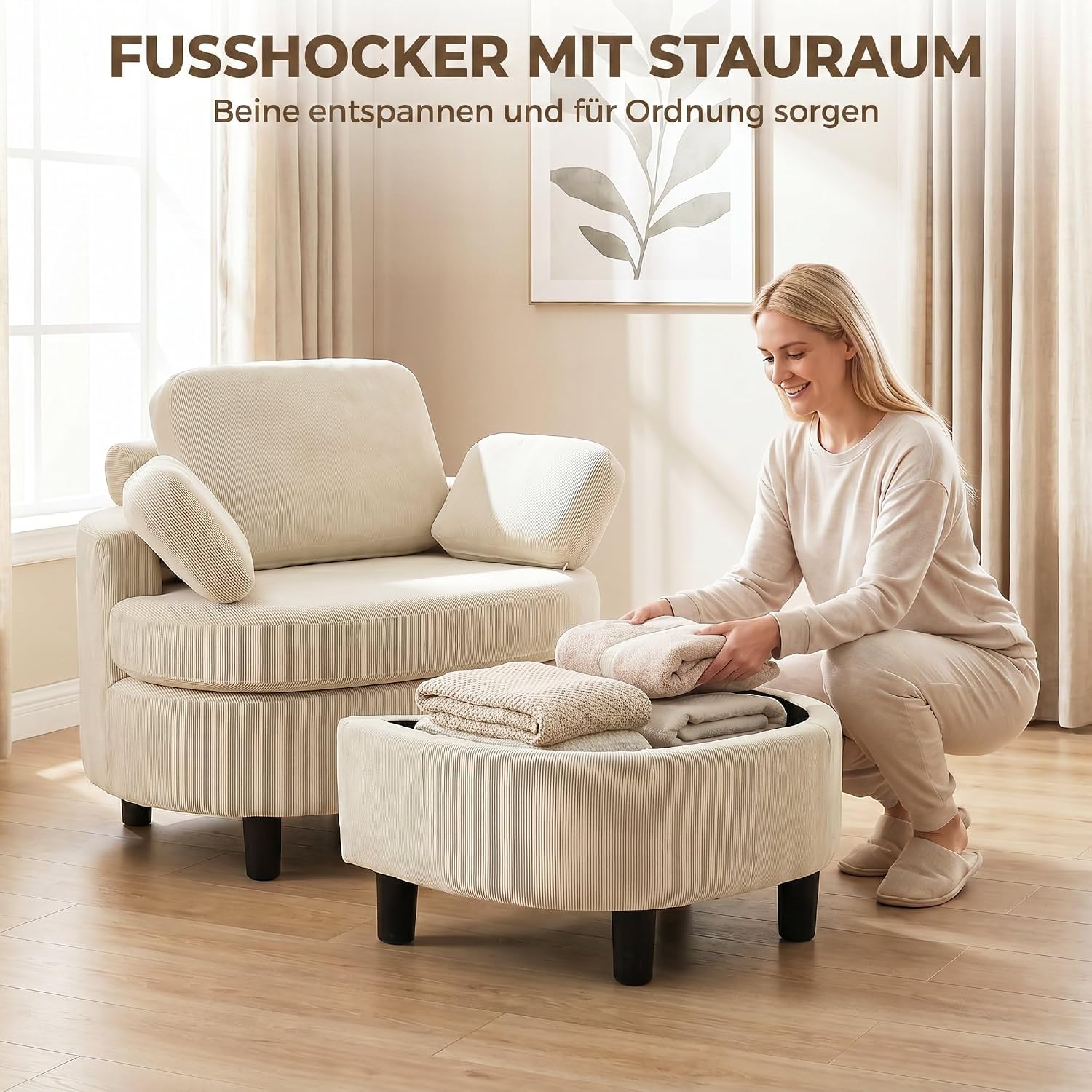 HOMCOM Sessel Loungesessel mit Aufbewahrungshocker, Verstellbare Kopfstütze, Polstersessel mit Kissen, Breiter Sitzfläche, Bequem Relaxsessel aus Cord-Optik für Wohnzimmer, Schlafzimmer, Cremeweiß — Ansicht 5
