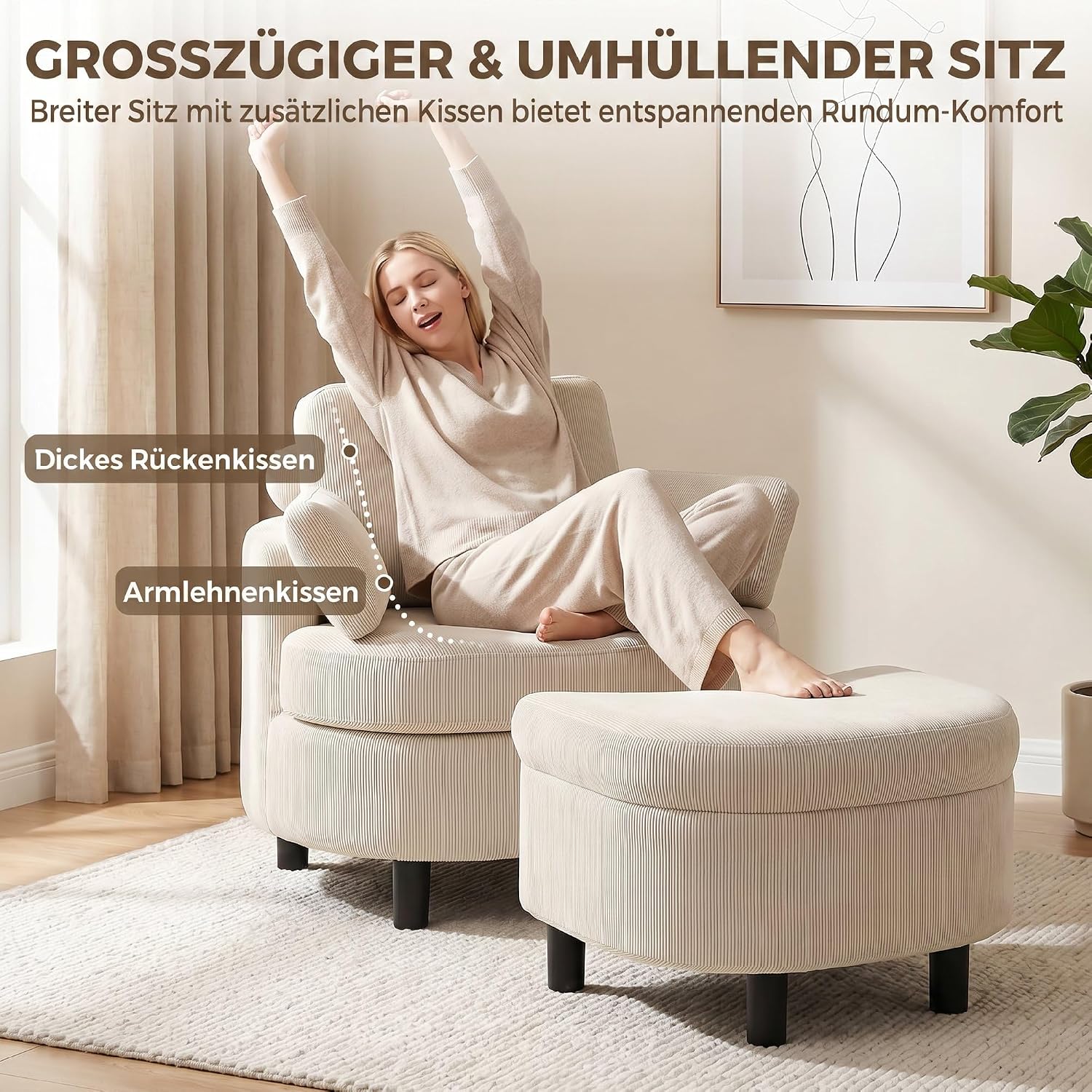 HOMCOM Sessel Loungesessel mit Aufbewahrungshocker, Verstellbare Kopfstütze, Polstersessel mit Kissen, Breiter Sitzfläche, Bequem Relaxsessel aus Cord-Optik für Wohnzimmer, Schlafzimmer, Cremeweiß — Ansicht 6