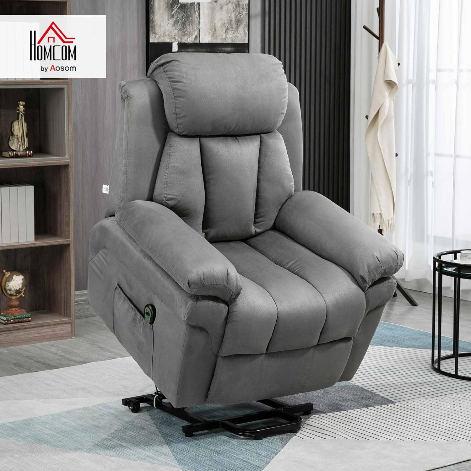 HOMCOM Sessel mit Aufstehhilfe, Elektrischer Relaxsessel, Neigebarer TV-Sessel mit Fernbedienung, Fernsehsessel, Kinosessel aus Samt, Hellgrau 93 x 96 x 105 cm — Ansicht 2
