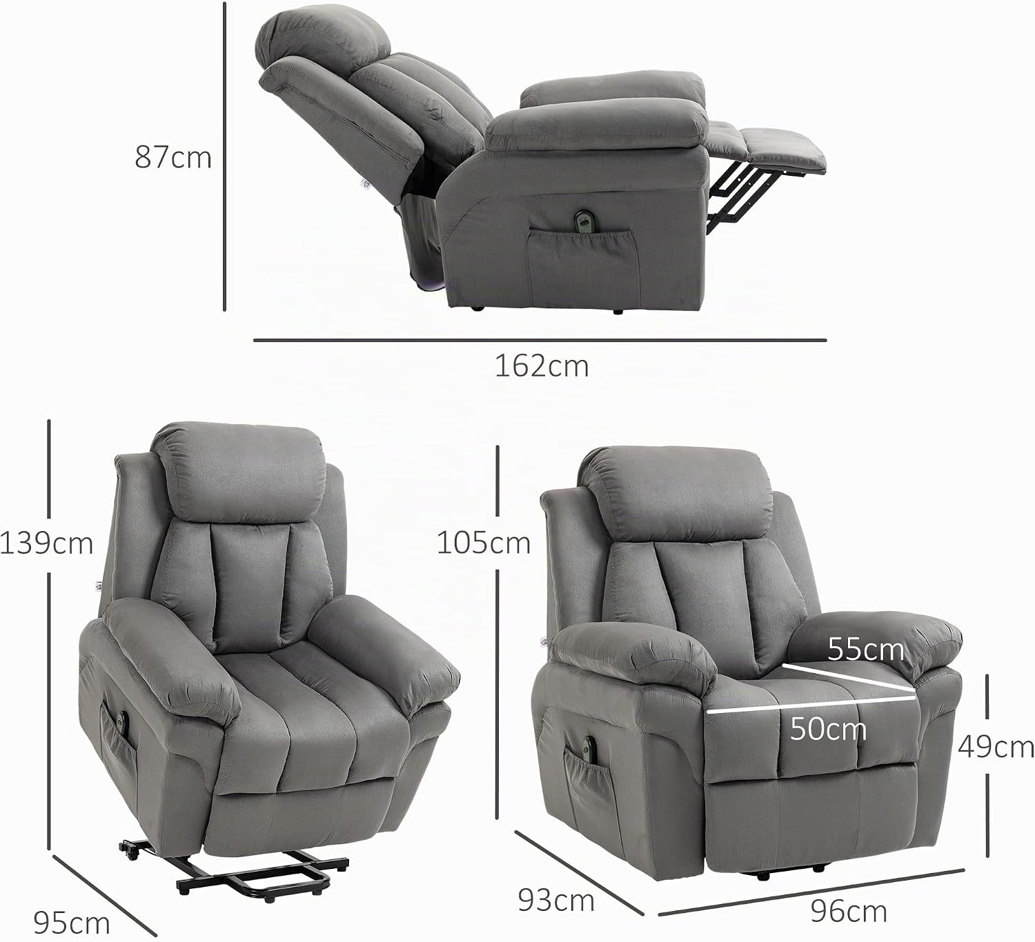 HOMCOM Sessel mit Aufstehhilfe, Elektrischer Relaxsessel, Neigebarer TV-Sessel mit Fernbedienung, Fernsehsessel, Kinosessel aus Samt, Hellgrau 93 x 96 x 105 cm — Ansicht 3