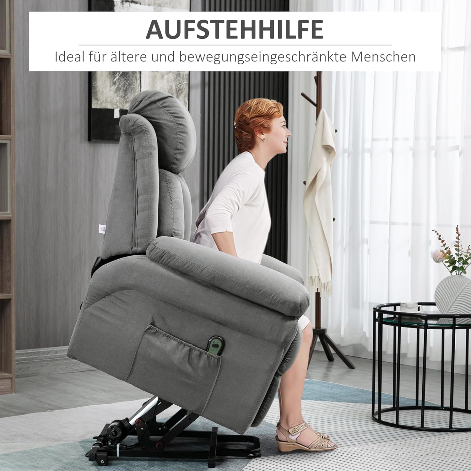 HOMCOM Sessel mit Aufstehhilfe, Elektrischer Relaxsessel, Neigebarer TV-Sessel mit Fernbedienung, Fernsehsessel, Kinosessel aus Samt, Hellgrau 93 x 96 x 105 cm — Ansicht 4