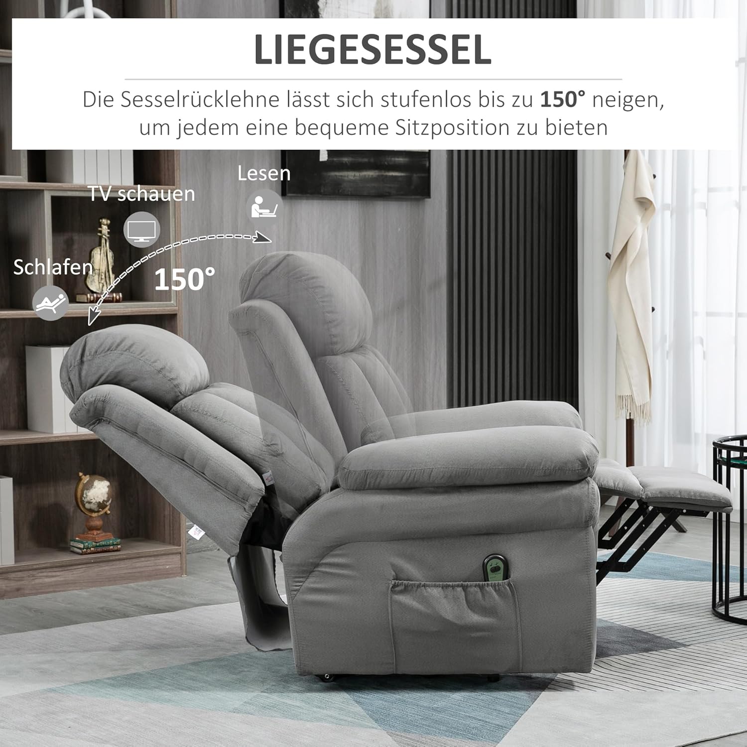HOMCOM Sessel mit Aufstehhilfe, Elektrischer Relaxsessel, Neigebarer TV-Sessel mit Fernbedienung, Fernsehsessel, Kinosessel aus Samt, Hellgrau 93 x 96 x 105 cm — Ansicht 5