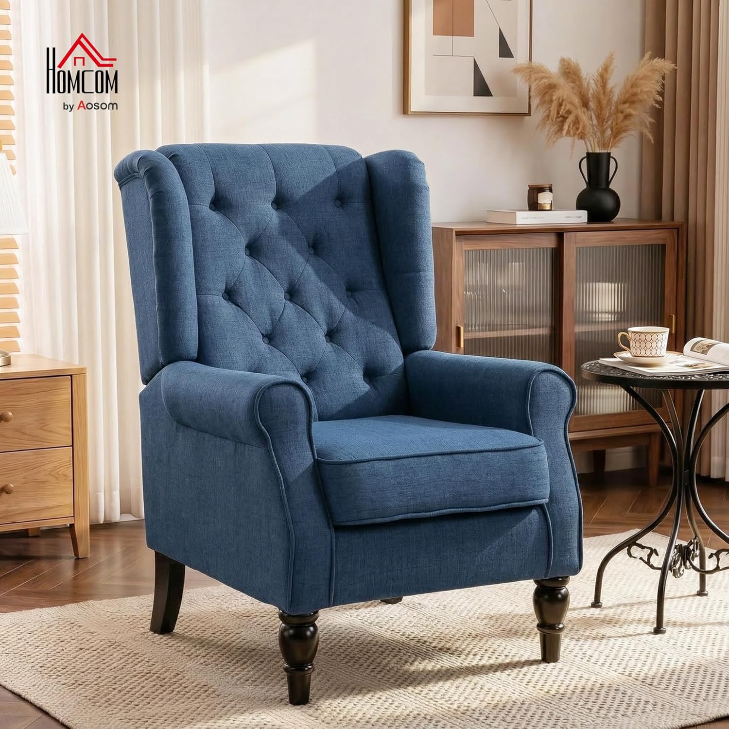 HOMCOM Sessel Ohrensessel mit Armlehnen, Loungesessel mit Kissen, Tufting, hoher Rückenlehne Armlehnensessel mit Holzbeine, Relaxsessel für Wohnzimmer, Schlafzimmer, Blau — Ansicht 2
