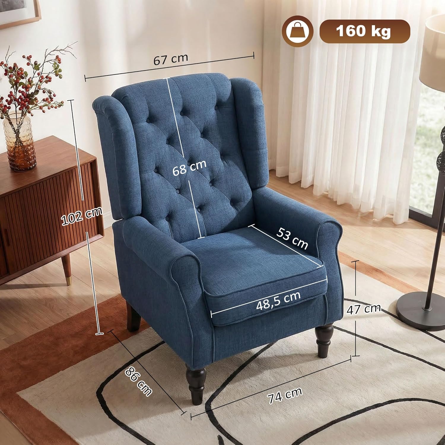 HOMCOM Sessel Ohrensessel mit Armlehnen, Loungesessel mit Kissen, Tufting, hoher Rückenlehne Armlehnensessel mit Holzbeine, Relaxsessel für Wohnzimmer, Schlafzimmer, Blau — Ansicht 3