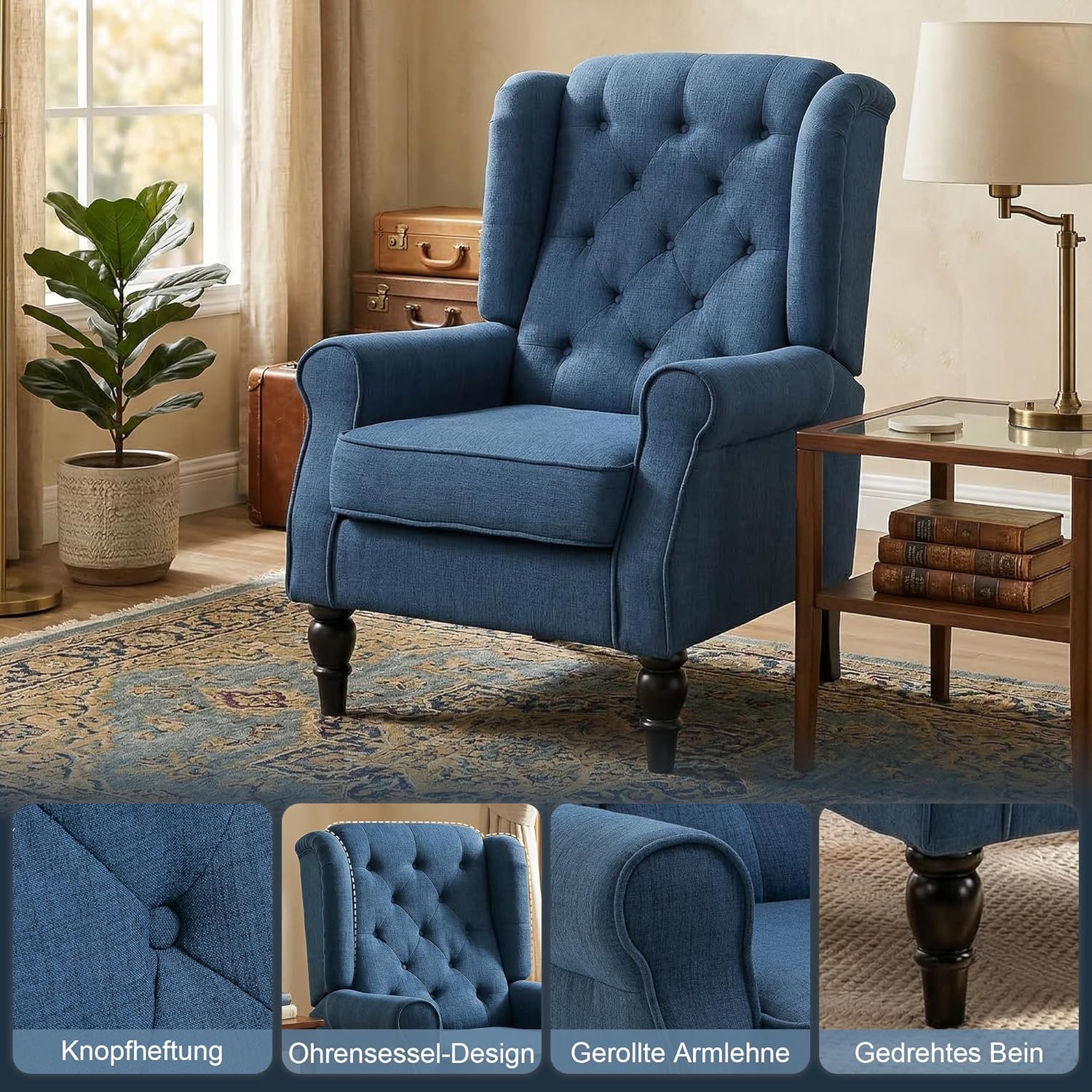 HOMCOM Sessel Ohrensessel mit Armlehnen, Loungesessel mit Kissen, Tufting, hoher Rückenlehne Armlehnensessel mit Holzbeine, Relaxsessel für Wohnzimmer, Schlafzimmer, Blau — Ansicht 4