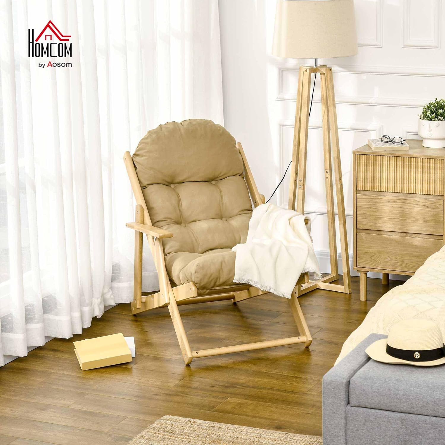 HOMCOM Sessel Wohnzimmer Klappbar Relaxsessel Loungesessel mit Leinenoptik Holzbeine Lesesessel, Polstersessel für Wohnzimmer Schlafzimmer Braun — Ansicht 2