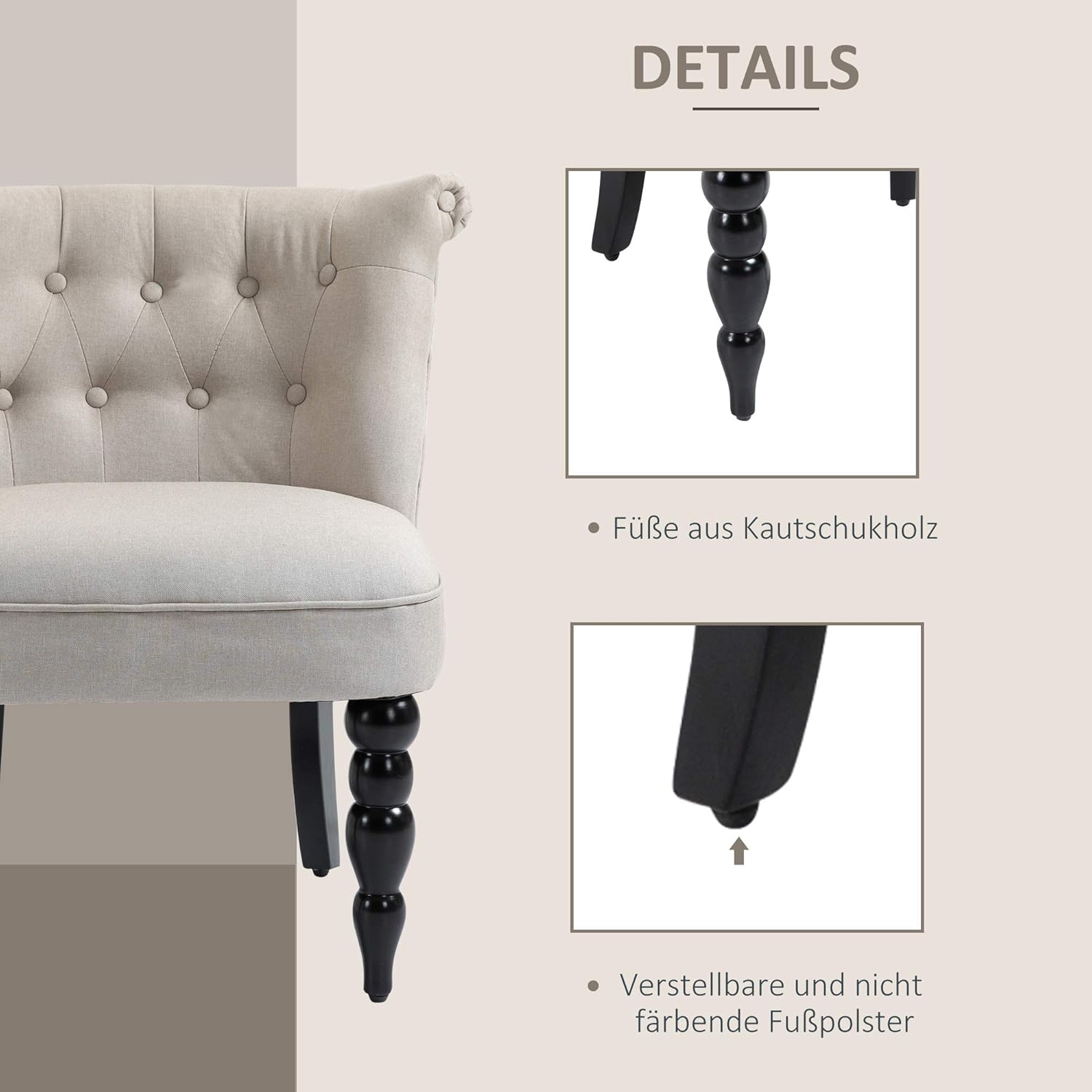 HOMCOM Sessel Wohnzimmer Loungesessel Vintage Relaxsessel mit Holzbeine Lesesessel mit Leinenoptik, Polstersessel für Schlafzimmer Beige — Ansicht 5