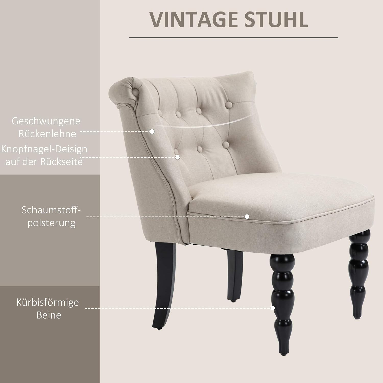 HOMCOM Sessel Wohnzimmer Loungesessel Vintage Relaxsessel mit Holzbeine Lesesessel mit Leinenoptik, Polstersessel für Schlafzimmer Beige — Ansicht 6