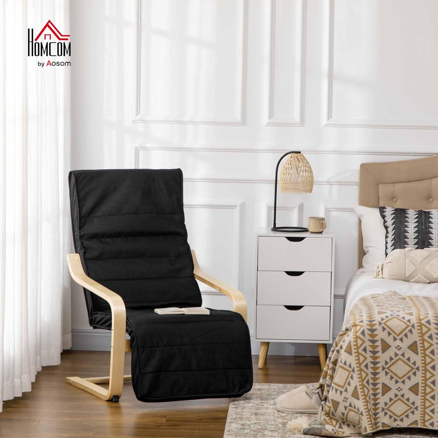 HOMCOM Sessel Wohnzimmer Relaxsessel Loungesessel Ruhesessel mit Armlehnen aus Birkenholz, 5-Fach verstellbare Fußteil, Lesesessel mit Leinenoptik, Polstersessel für Schlafzimmer, Schwarz — Ansicht 2