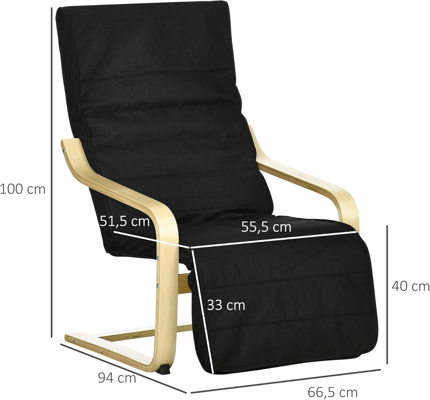HOMCOM Sessel Wohnzimmer Relaxsessel Loungesessel Ruhesessel mit Armlehnen aus Birkenholz, 5-Fach verstellbare Fußteil, Lesesessel mit Leinenoptik, Polstersessel für Schlafzimmer, Schwarz — Ansicht 3