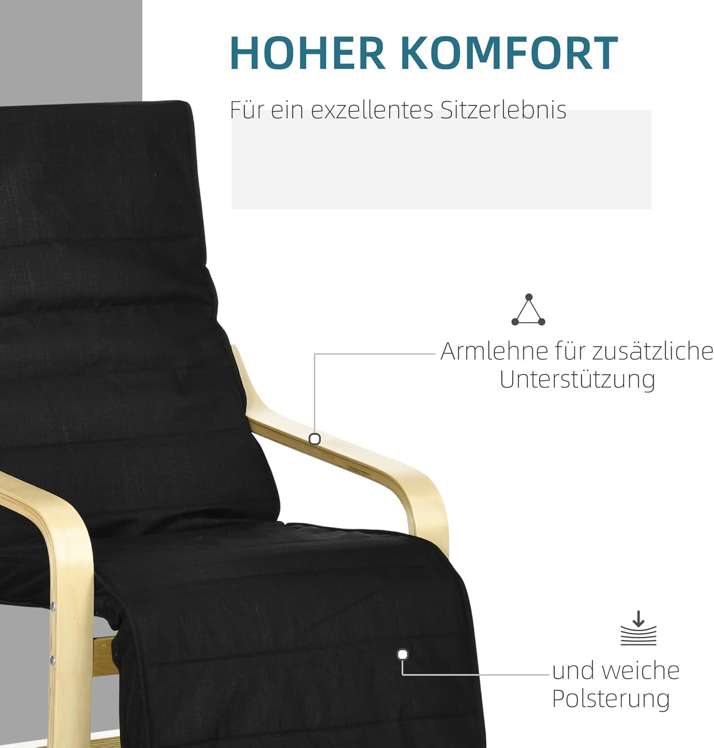 HOMCOM Sessel Wohnzimmer Relaxsessel Loungesessel Ruhesessel mit Armlehnen aus Birkenholz, 5-Fach verstellbare Fußteil, Lesesessel mit Leinenoptik, Polstersessel für Schlafzimmer, Schwarz — Ansicht 4