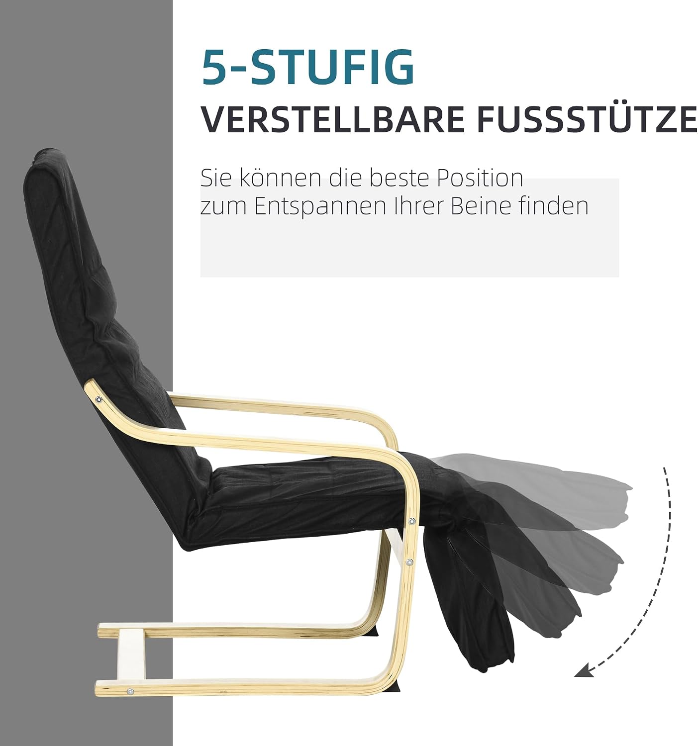 HOMCOM Sessel Wohnzimmer Relaxsessel Loungesessel Ruhesessel mit Armlehnen aus Birkenholz, 5-Fach verstellbare Fußteil, Lesesessel mit Leinenoptik, Polstersessel für Schlafzimmer, Schwarz — Ansicht 5