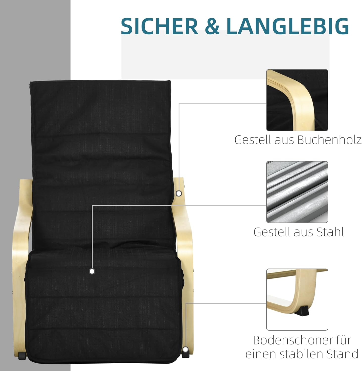 HOMCOM Sessel Wohnzimmer Relaxsessel Loungesessel Ruhesessel mit Armlehnen aus Birkenholz, 5-Fach verstellbare Fußteil, Lesesessel mit Leinenoptik, Polstersessel für Schlafzimmer, Schwarz — Ansicht 6