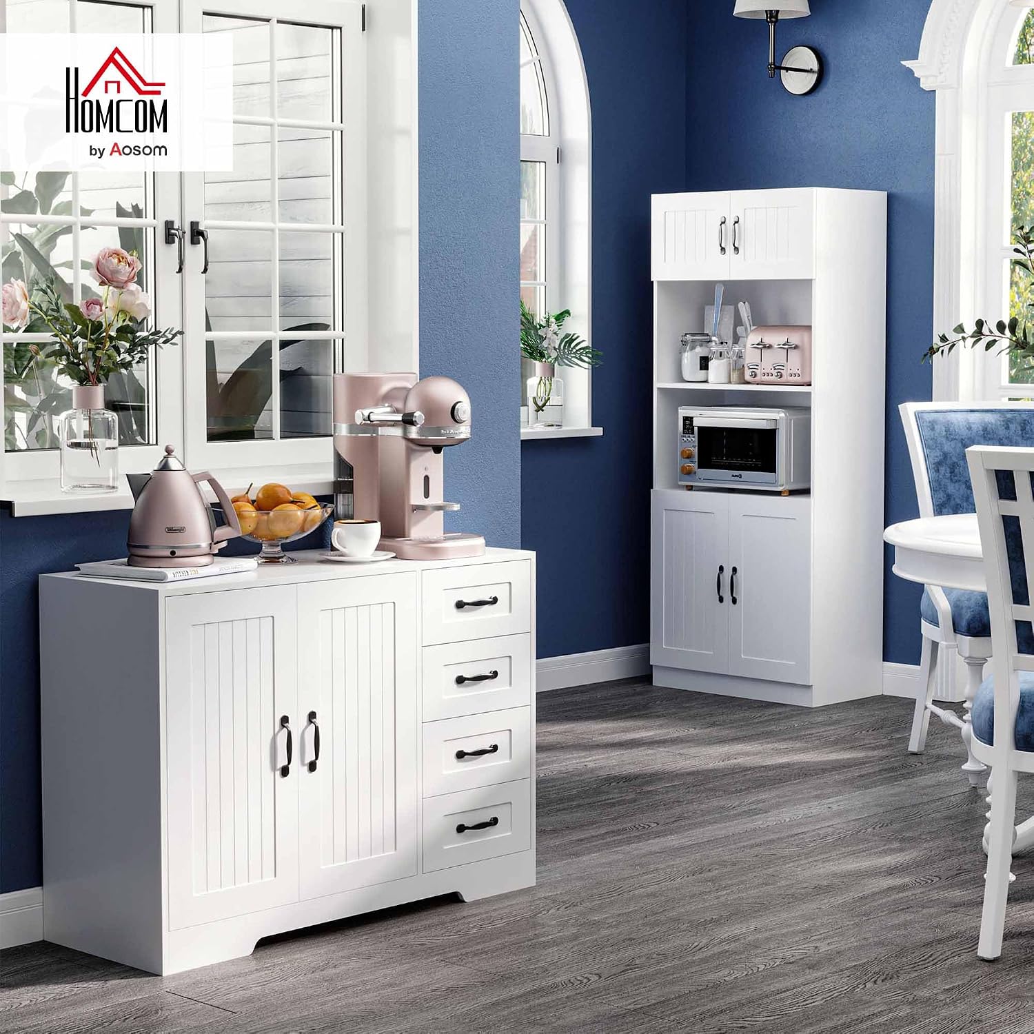 HOMCOM Sideboard, Beistellschrank mit 4 Schubladen, 2 Türen, Küchenschrank, Aufbewahrungsschrank mit verstellbarem Einlegeboden für Wohnzimmer, 105 x 40 x 76 cm, Weiß — Ansicht 2