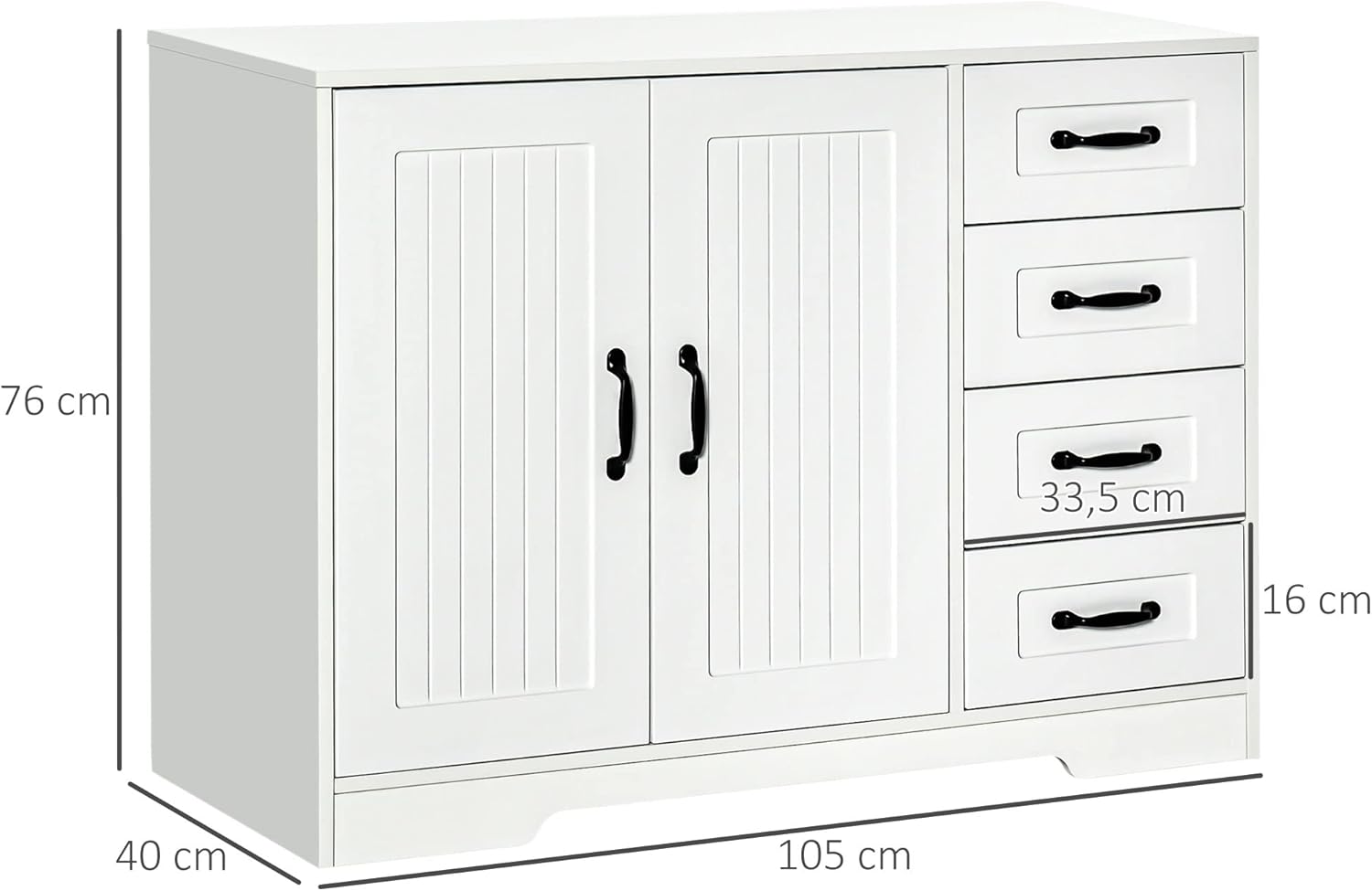 HOMCOM Sideboard, Beistellschrank mit 4 Schubladen, 2 Türen, Küchenschrank, Aufbewahrungsschrank mit verstellbarem Einlegeboden für Wohnzimmer, 105 x 40 x 76 cm, Weiß — Ansicht 3