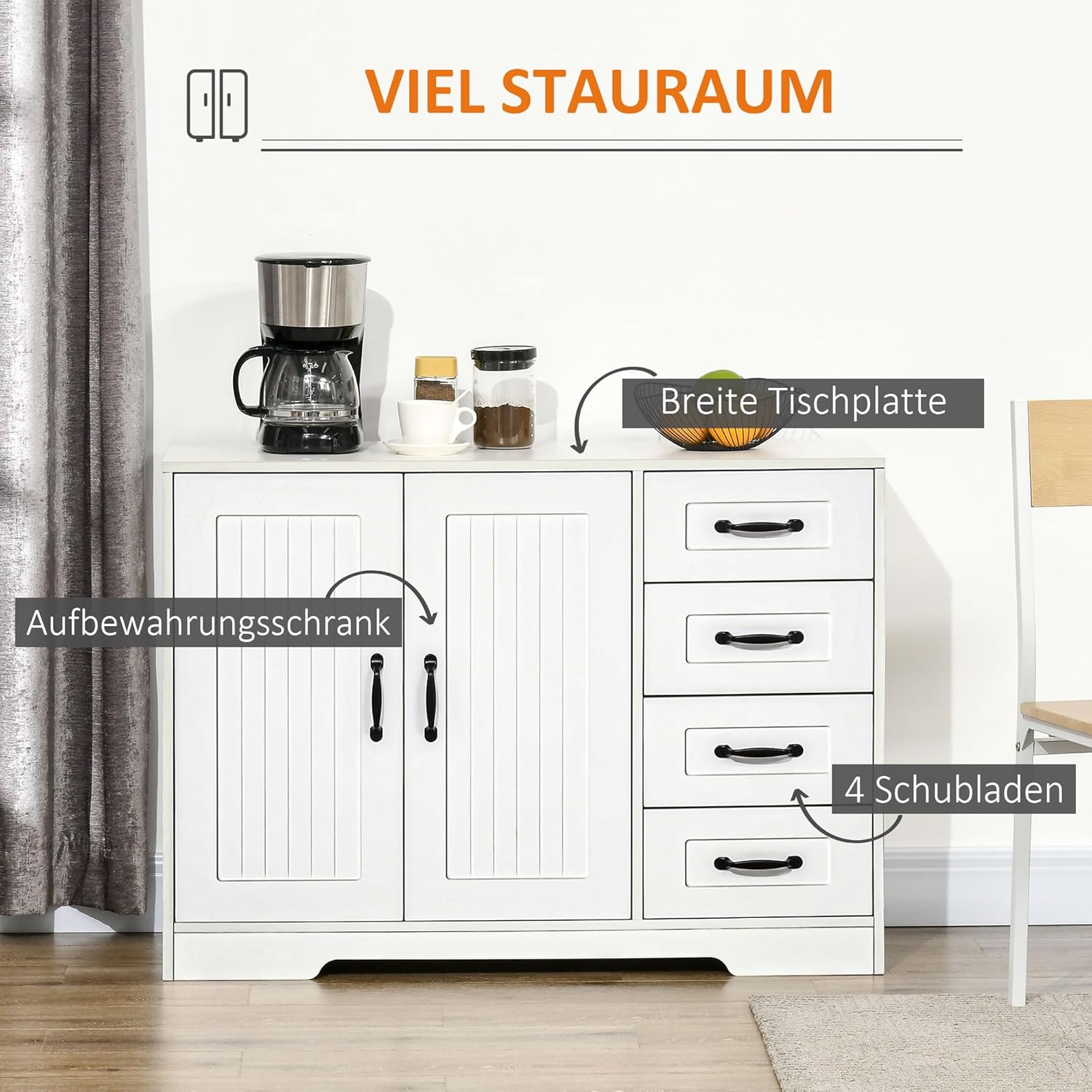 HOMCOM Sideboard, Beistellschrank mit 4 Schubladen, 2 Türen, Küchenschrank, Aufbewahrungsschrank mit verstellbarem Einlegeboden für Wohnzimmer, 105 x 40 x 76 cm, Weiß — Ansicht 4