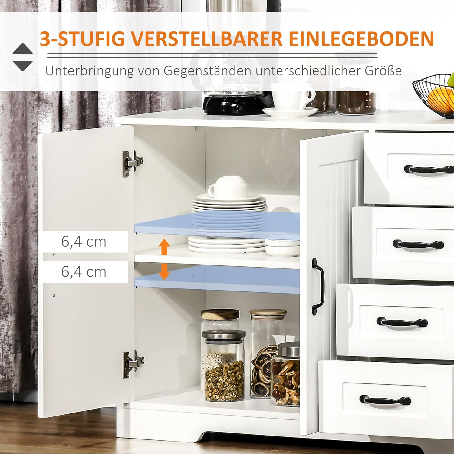 HOMCOM Sideboard, Beistellschrank mit 4 Schubladen, 2 Türen, Küchenschrank, Aufbewahrungsschrank mit verstellbarem Einlegeboden für Wohnzimmer, 105 x 40 x 76 cm, Weiß — Ansicht 5