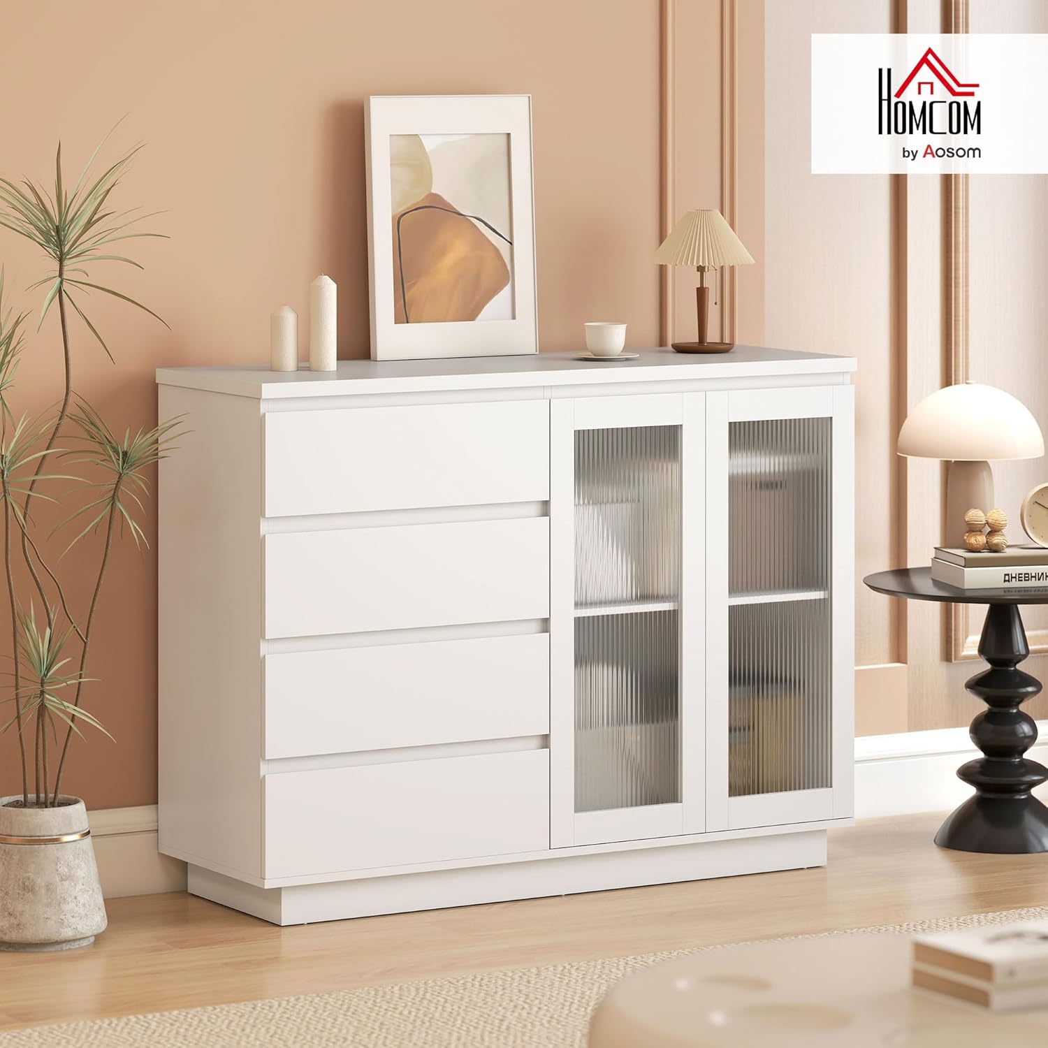 HOMCOM Sideboard, Küchenschrank Beistellschrank mit Arbeitsplatte, 4 Schubladen, 2 Soft-Close-Glastüren, Aufbewahrungsschrank mit verstellbarem Einlegeboden für Wohnzimmer, 120x40x91cm, Weiß — Ansicht 2