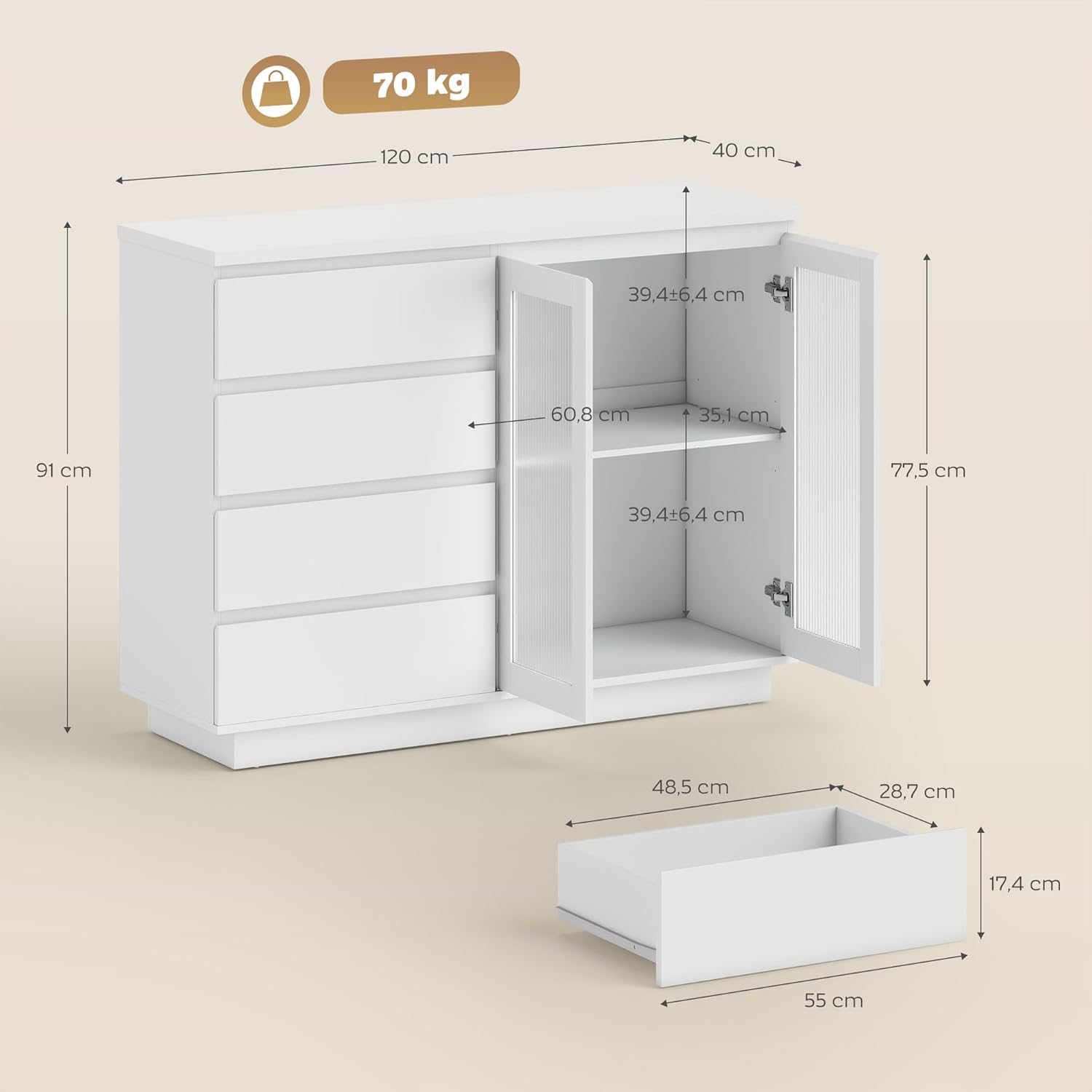 HOMCOM Sideboard, Küchenschrank Beistellschrank mit Arbeitsplatte, 4 Schubladen, 2 Soft-Close-Glastüren, Aufbewahrungsschrank mit verstellbarem Einlegeboden für Wohnzimmer, 120x40x91cm, Weiß — Ansicht 3