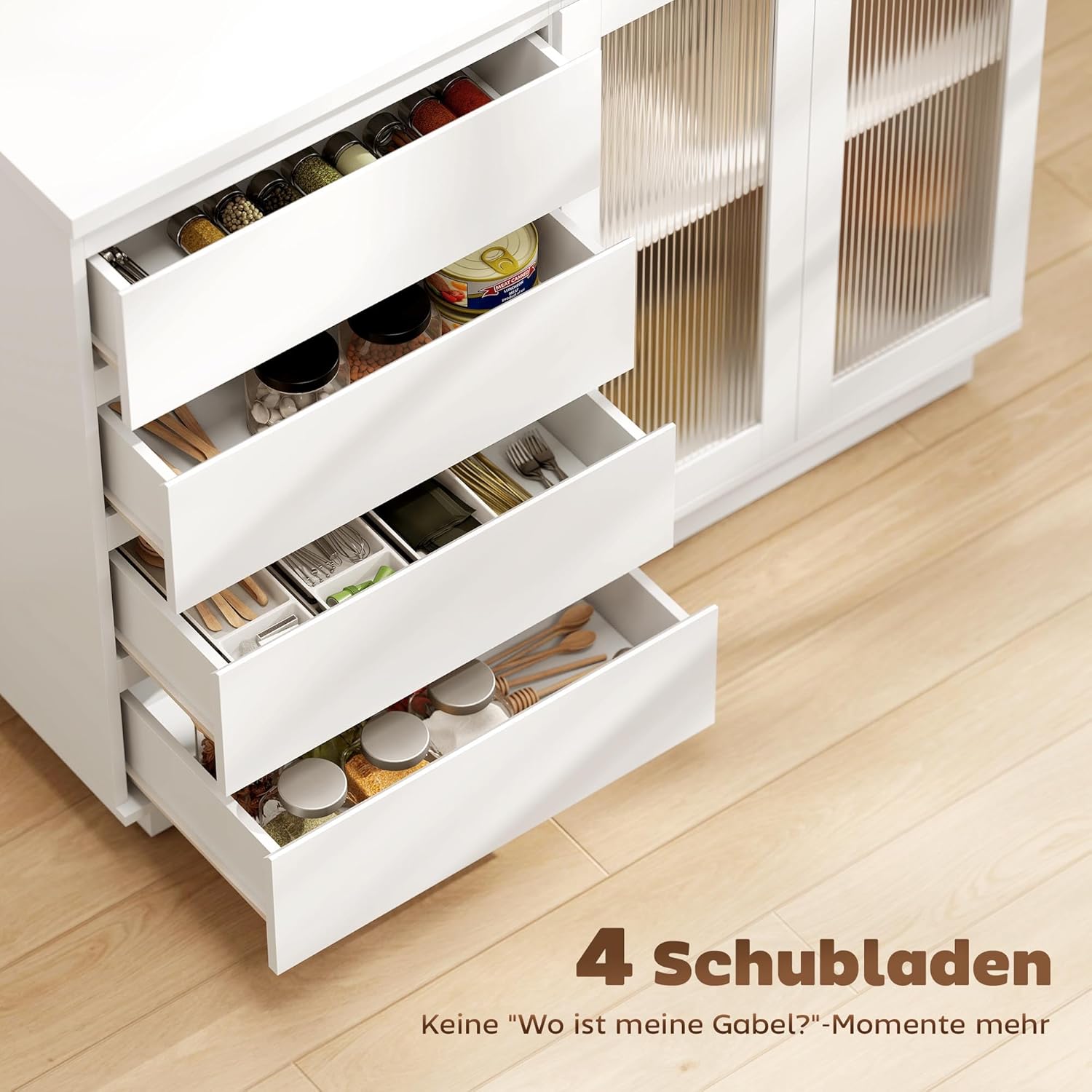 HOMCOM Sideboard, Küchenschrank Beistellschrank mit Arbeitsplatte, 4 Schubladen, 2 Soft-Close-Glastüren, Aufbewahrungsschrank mit verstellbarem Einlegeboden für Wohnzimmer, 120x40x91cm, Weiß — Ansicht 4