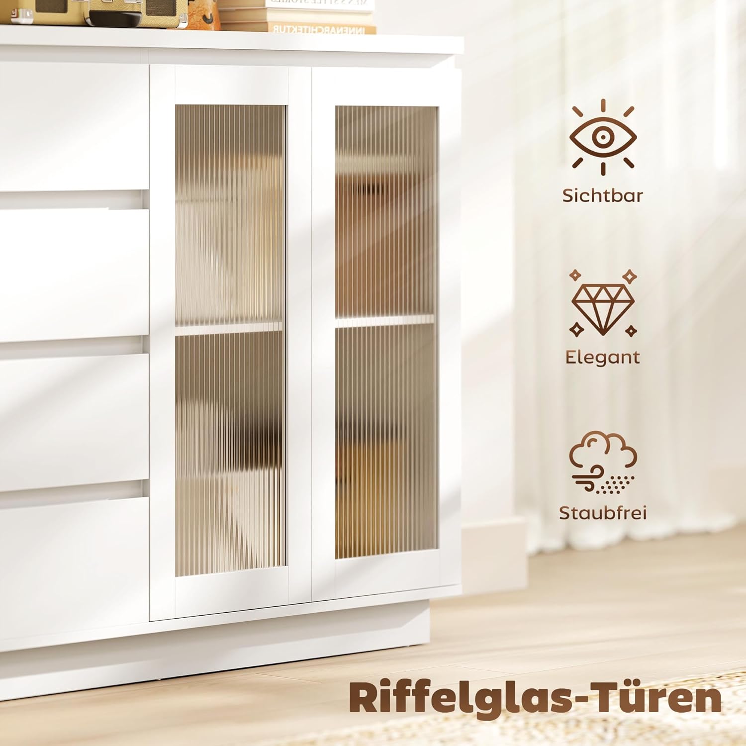 HOMCOM Sideboard, Küchenschrank Beistellschrank mit Arbeitsplatte, 4 Schubladen, 2 Soft-Close-Glastüren, Aufbewahrungsschrank mit verstellbarem Einlegeboden für Wohnzimmer, 120x40x91cm, Weiß — Ansicht 5