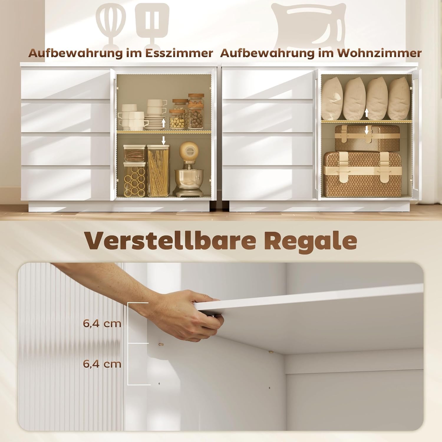 HOMCOM Sideboard, Küchenschrank Beistellschrank mit Arbeitsplatte, 4 Schubladen, 2 Soft-Close-Glastüren, Aufbewahrungsschrank mit verstellbarem Einlegeboden für Wohnzimmer, 120x40x91cm, Weiß — Ansicht 6