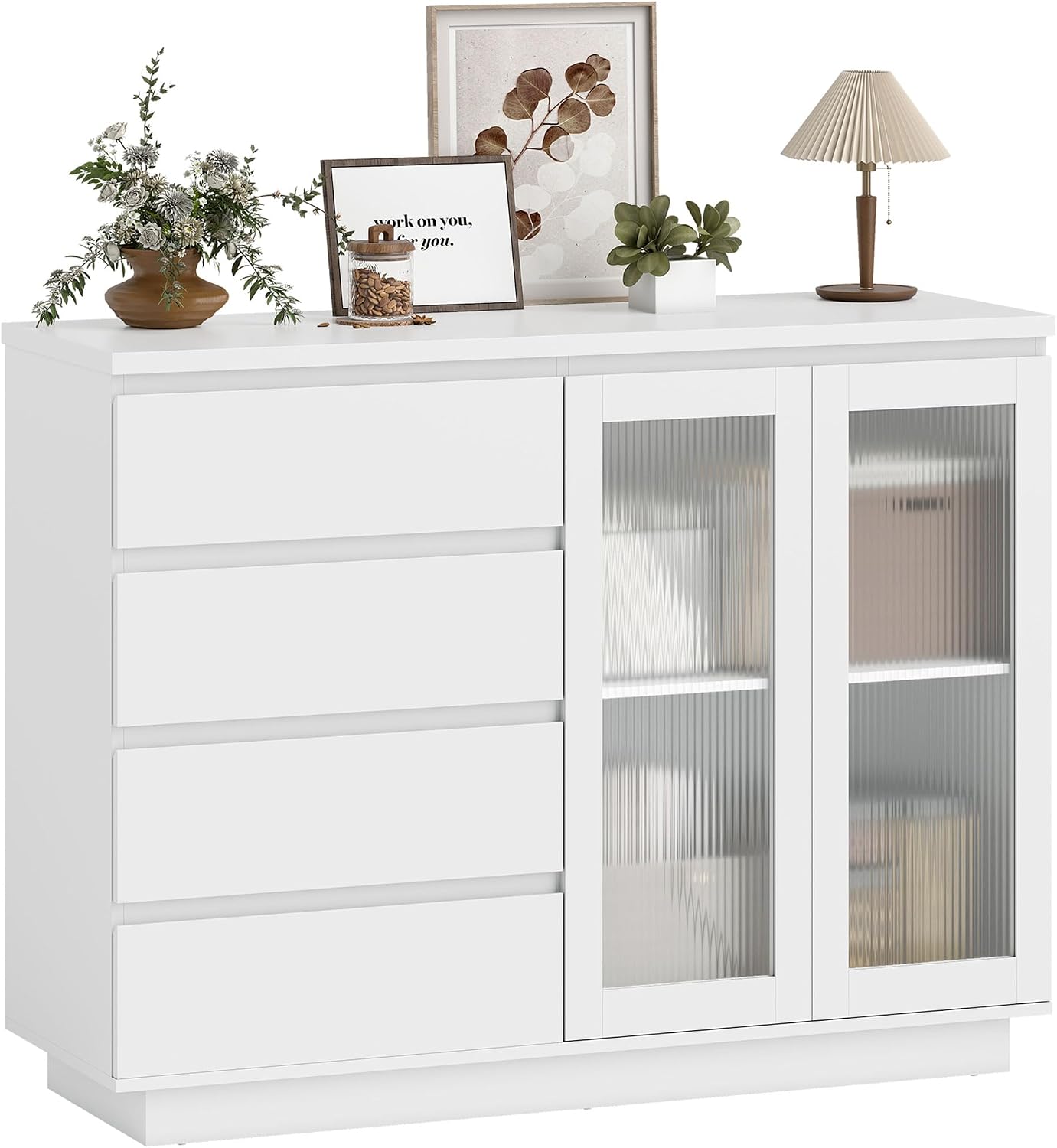 HOMCOM Sideboard, Küchenschrank Beistellschrank mit Arbeitsplatte, 4 Schubladen, 2 Soft-Close-Glastüren, Aufbewahrungsschrank mit verstellbarem Einlegeboden für Wohnzimmer, 120x40x91cm, Weiß