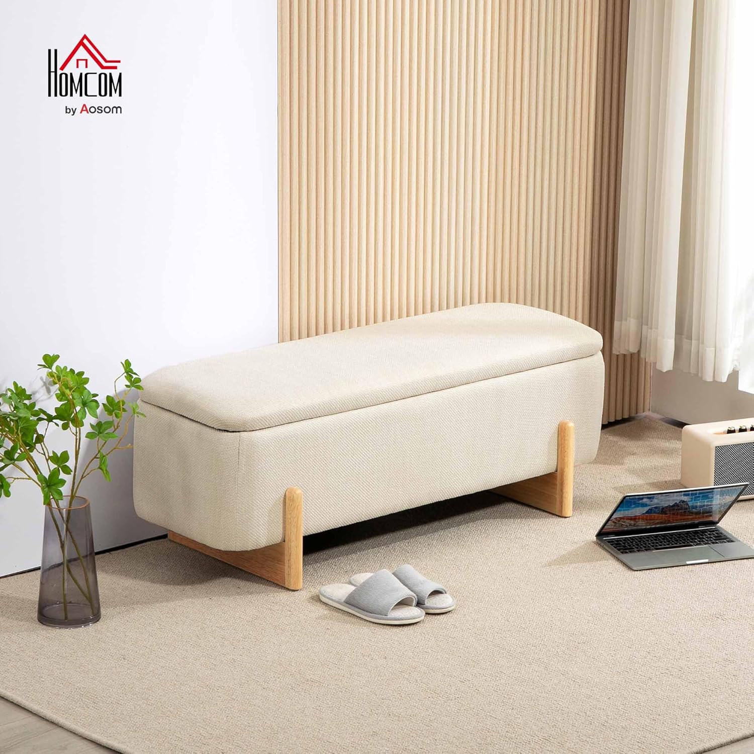 HOMCOM Sitzbank mit Stauraum, Polsterbank mit Leinenoptik, Sitztruhe mit Sicherheitsscharniere, Holzbeine Bettbank Truhenbank für Wohnzimmer, Schlafzimmer, Flur, 111 x 44 x 44,5 cm, Cremeweiß — Ansicht 2