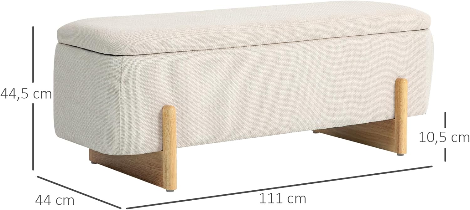HOMCOM Sitzbank mit Stauraum, Polsterbank mit Leinenoptik, Sitztruhe mit Sicherheitsscharniere, Holzbeine Bettbank Truhenbank für Wohnzimmer, Schlafzimmer, Flur, 111 x 44 x 44,5 cm, Cremeweiß — Ansicht 3