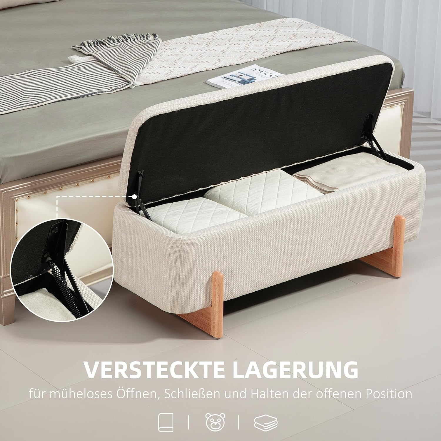 HOMCOM Sitzbank mit Stauraum, Polsterbank mit Leinenoptik, Sitztruhe mit Sicherheitsscharniere, Holzbeine Bettbank Truhenbank für Wohnzimmer, Schlafzimmer, Flur, 111 x 44 x 44,5 cm, Cremeweiß — Ansicht 4