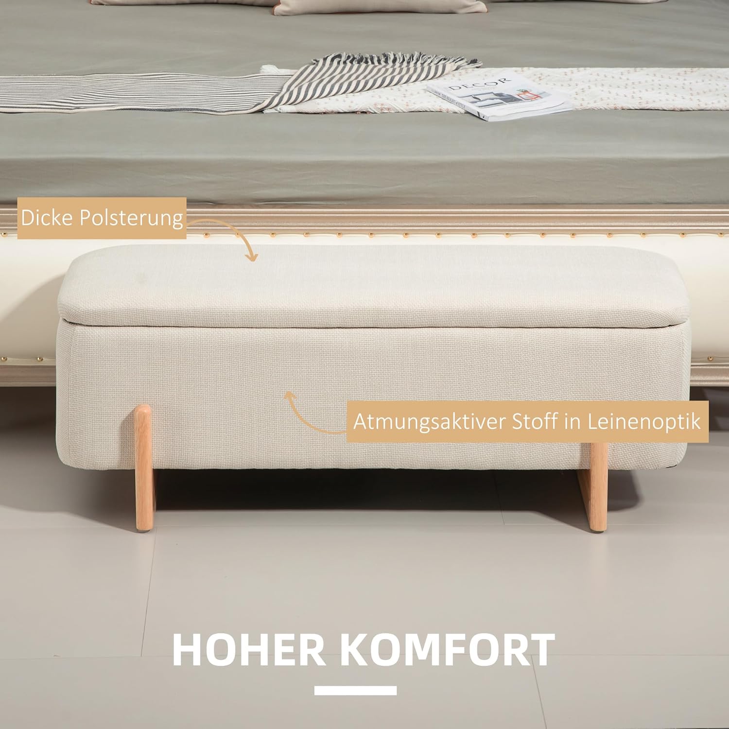HOMCOM Sitzbank mit Stauraum, Polsterbank mit Leinenoptik, Sitztruhe mit Sicherheitsscharniere, Holzbeine Bettbank Truhenbank für Wohnzimmer, Schlafzimmer, Flur, 111 x 44 x 44,5 cm, Cremeweiß — Ansicht 5