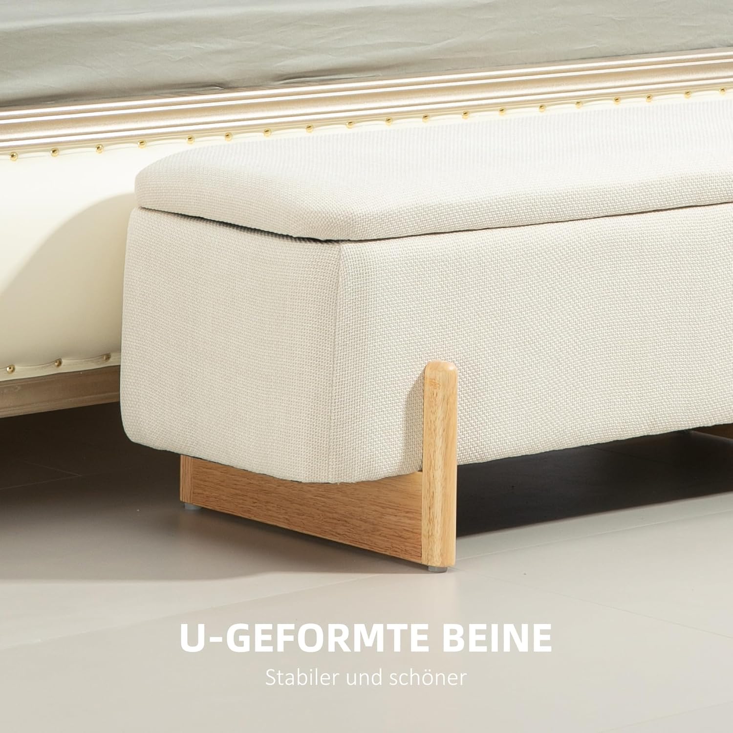 HOMCOM Sitzbank mit Stauraum, Polsterbank mit Leinenoptik, Sitztruhe mit Sicherheitsscharniere, Holzbeine Bettbank Truhenbank für Wohnzimmer, Schlafzimmer, Flur, 111 x 44 x 44,5 cm, Cremeweiß — Ansicht 6